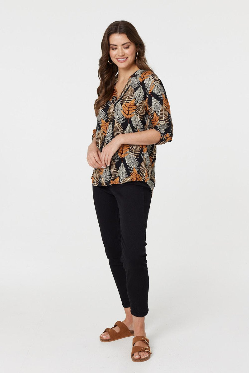 Leaf Print Turn-Up Sleeve Blouse