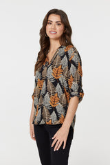 Leaf Print Turn-Up Sleeve Blouse