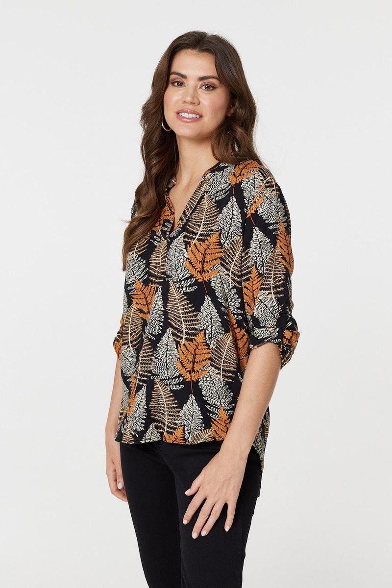 Leaf Print Turn-Up Sleeve Blouse