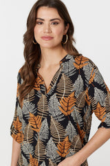 Leaf Print Turn-Up Sleeve Blouse
