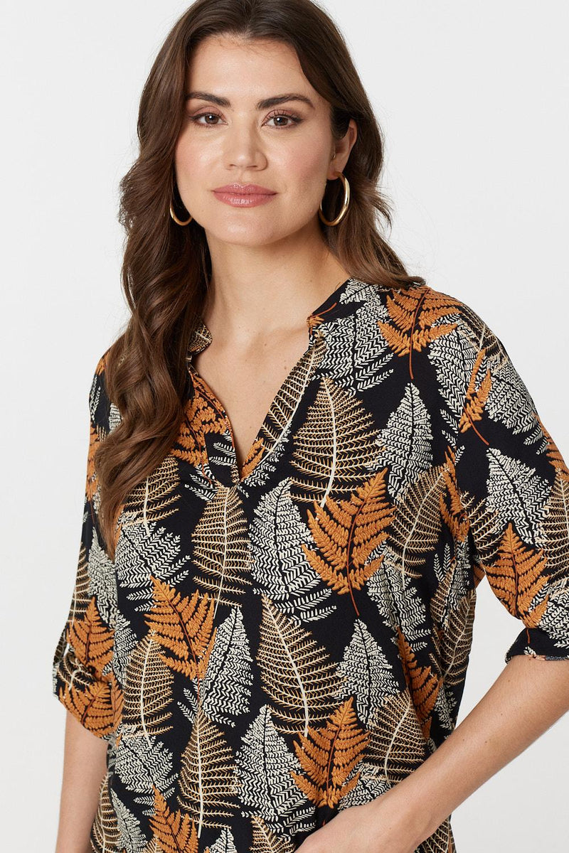 Leaf Print Turn-Up Sleeve Blouse