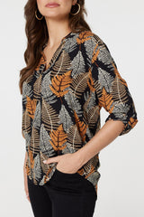 Leaf Print Turn-Up Sleeve Blouse