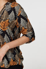 Leaf Print Turn-Up Sleeve Blouse