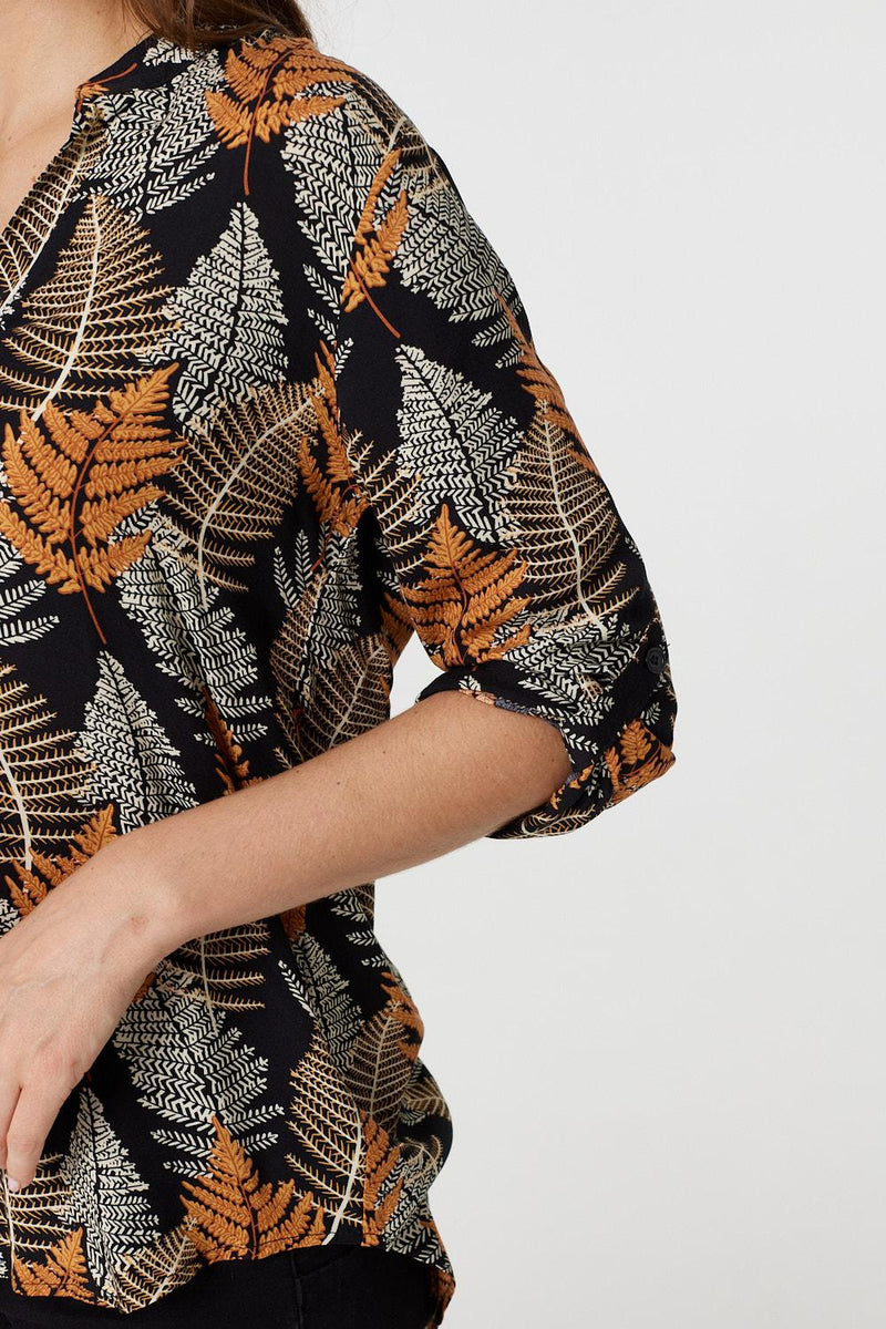 Leaf Print Turn-Up Sleeve Blouse