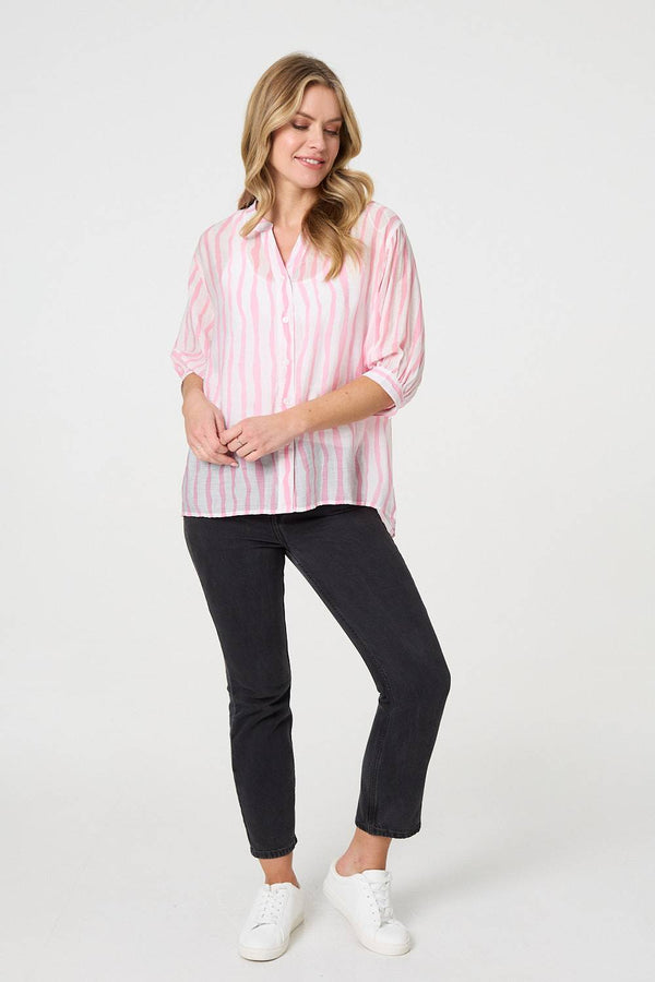 Striped Sheer 3/4 Sleeve Relaxed Shirt