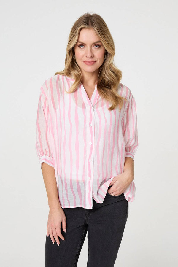 Striped Sheer 3/4 Sleeve Relaxed Shirt