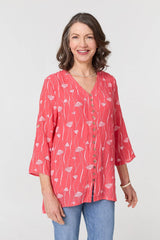 Printed Curve Hem V-Neck Tunic Blouse