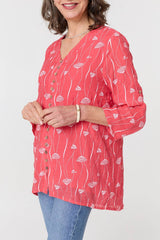 Printed Curve Hem V-Neck Tunic Blouse