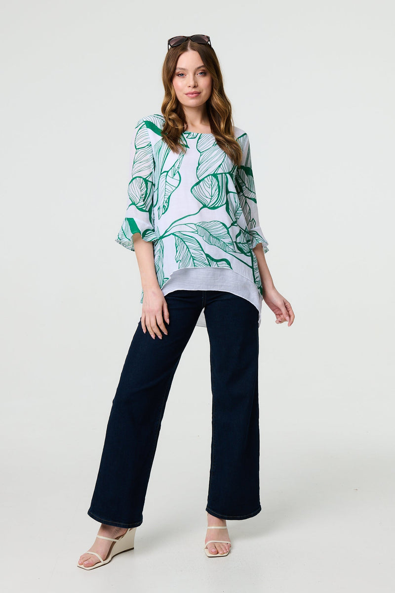 Leaf Print 3/4 Sleeve Layered Tunic Top