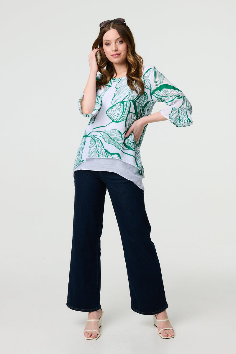 Leaf Print 3/4 Sleeve Layered Tunic Top