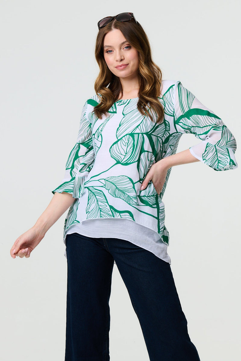 Leaf Print 3/4 Sleeve Layered Tunic Top