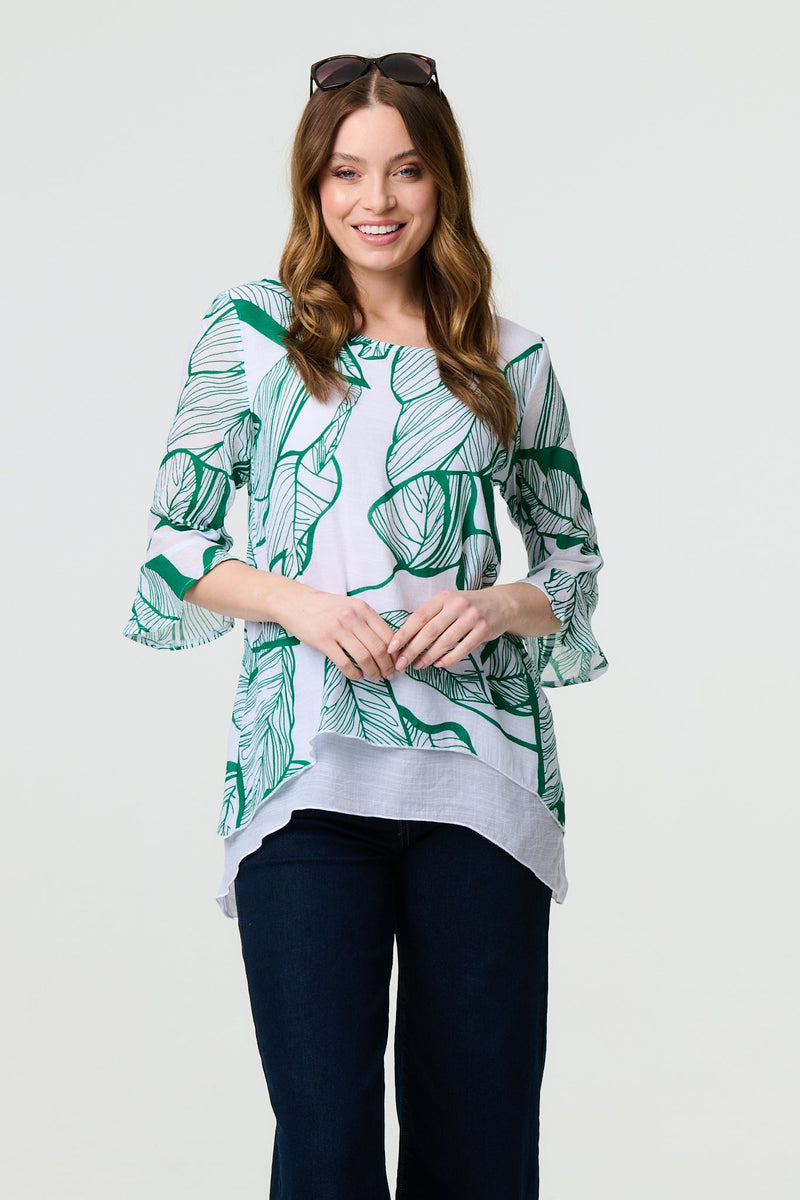 Leaf Print 3/4 Sleeve Layered Tunic Top