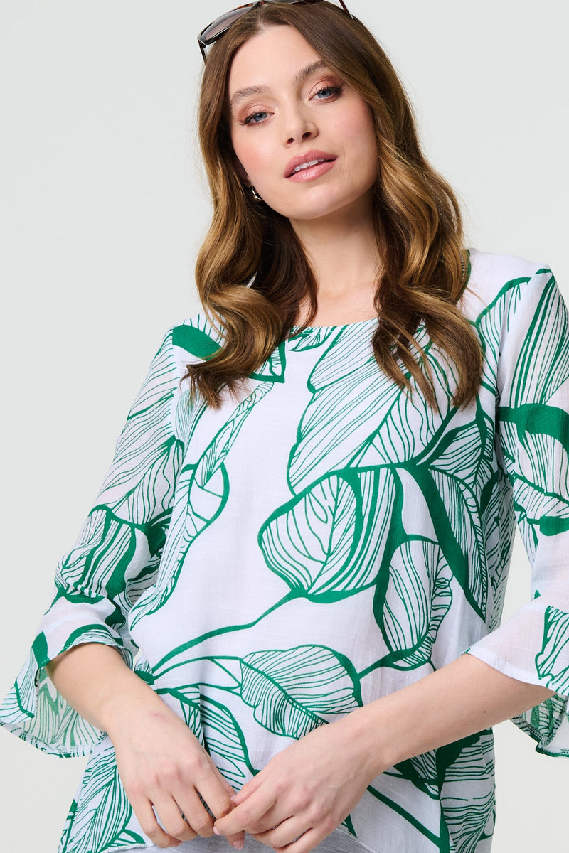 Leaf Print 3/4 Sleeve Layered Tunic Top