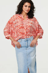 Aztec Print 3/4 Sleeve Relaxed Blouse