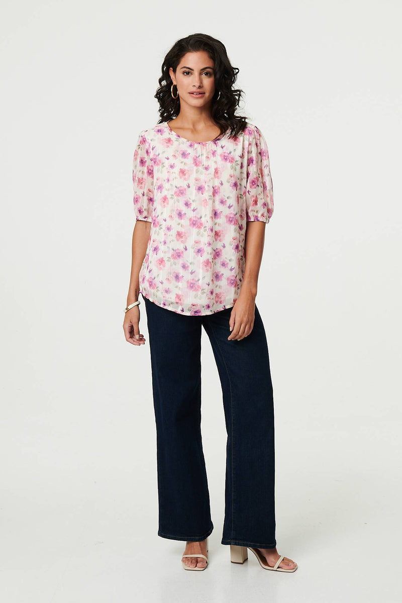 Floral 1/2 Sleeve Semi Sheer Blouse