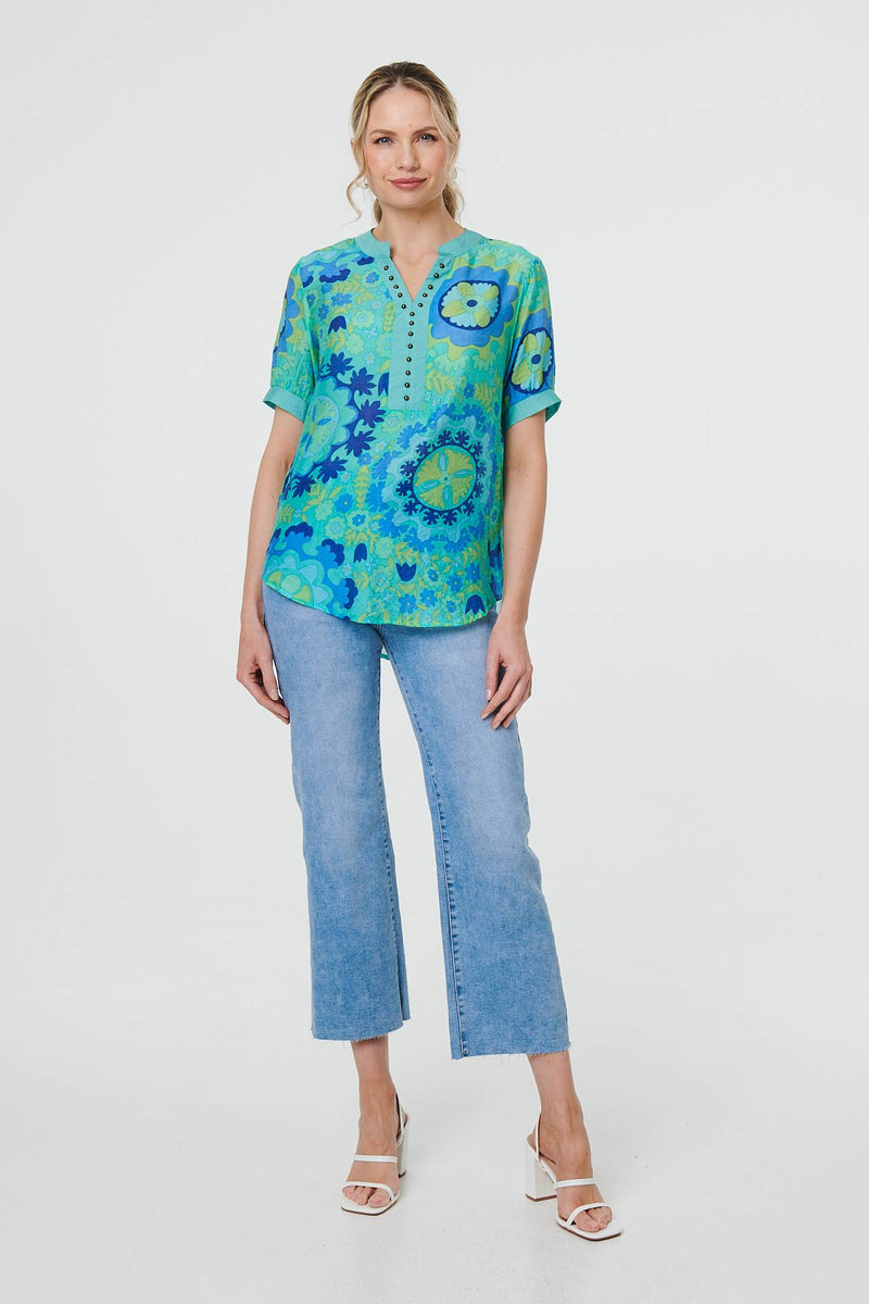 Floral Stud Detail Short Sleeve Blouse