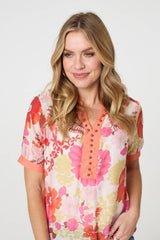 Floral Short Sleeve Stud Trim Blouse