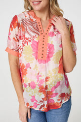Floral Short Sleeve Stud Trim Blouse