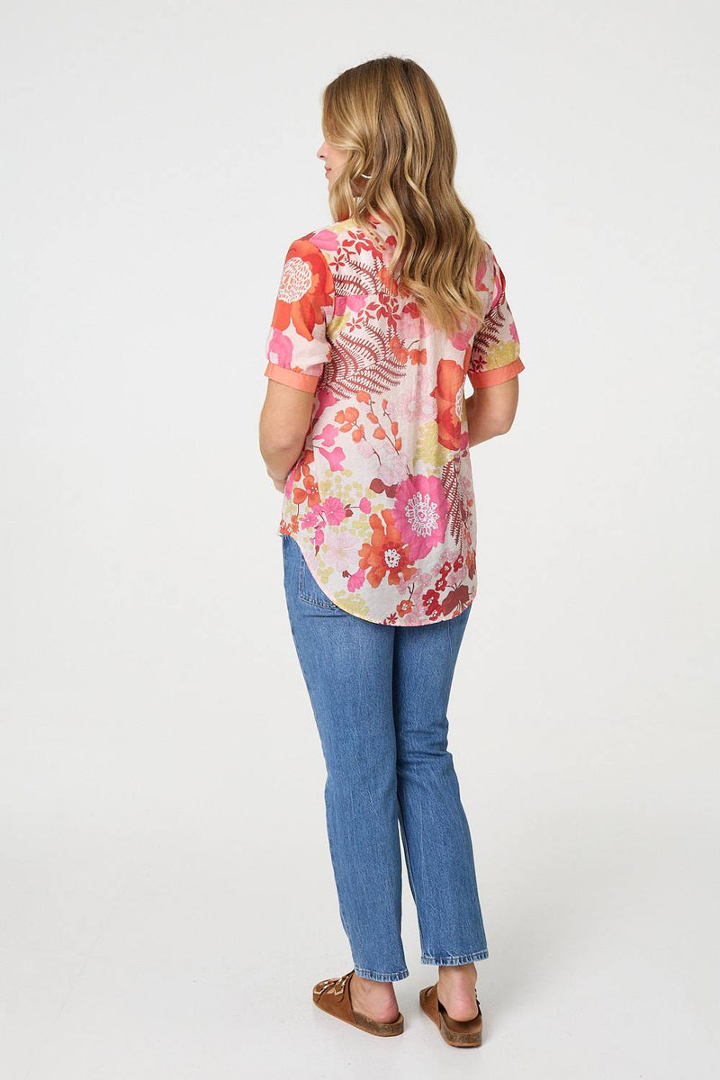 Floral Short Sleeve Stud Trim Blouse
