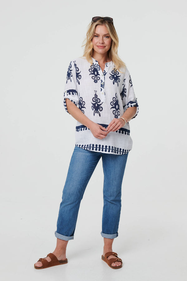 Ikat Print V-Neck 3/4 Sleeve Blouse