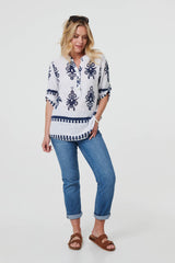 Ikat Print V-Neck 3/4 Sleeve Blouse