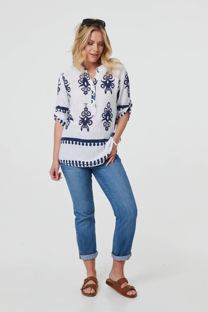 Ikat Print V-Neck 3/4 Sleeve Blouse