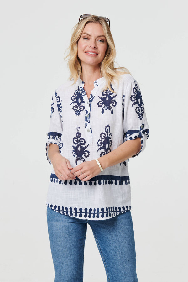 Ikat Print V-Neck 3/4 Sleeve Blouse