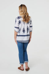 Ikat Print V-Neck 3/4 Sleeve Blouse