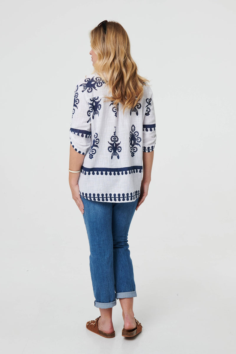 Ikat Print V-Neck 3/4 Sleeve Blouse