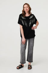 Sparkly Feather Print Relaxed T-Shirt