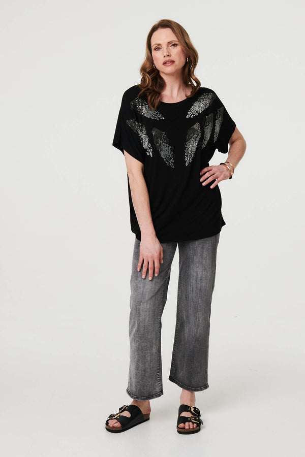 Sparkly Feather Print Relaxed T-Shirt