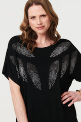 Sparkly Feather Print Relaxed T-Shirt