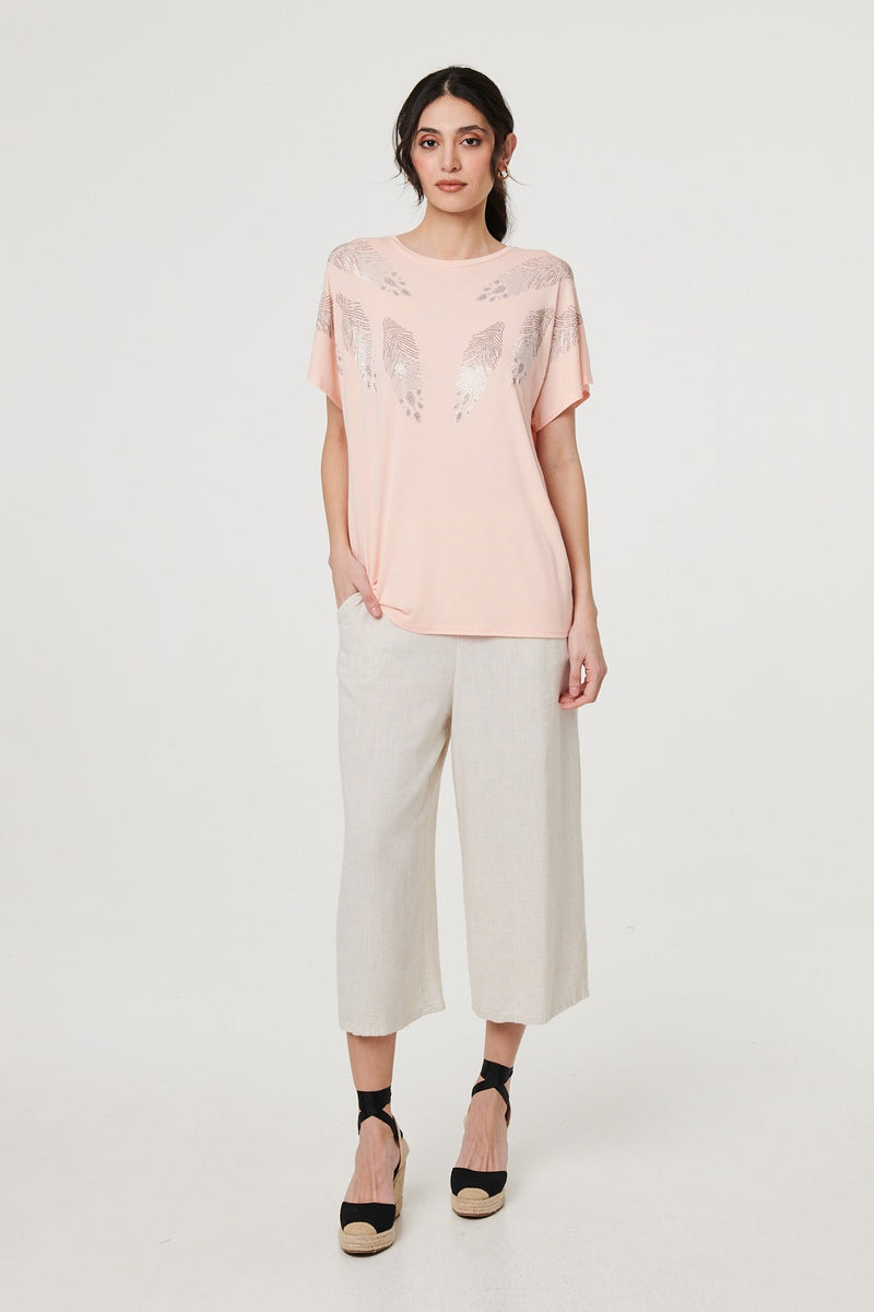 Sparkly Feather Print Relaxed T-Shirt
