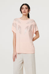 Sparkly Feather Print Relaxed T-Shirt