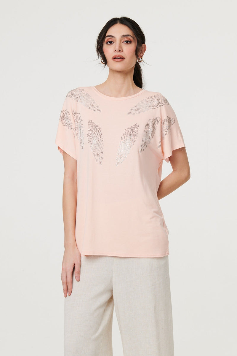 Sparkly Feather Print Relaxed T-Shirt