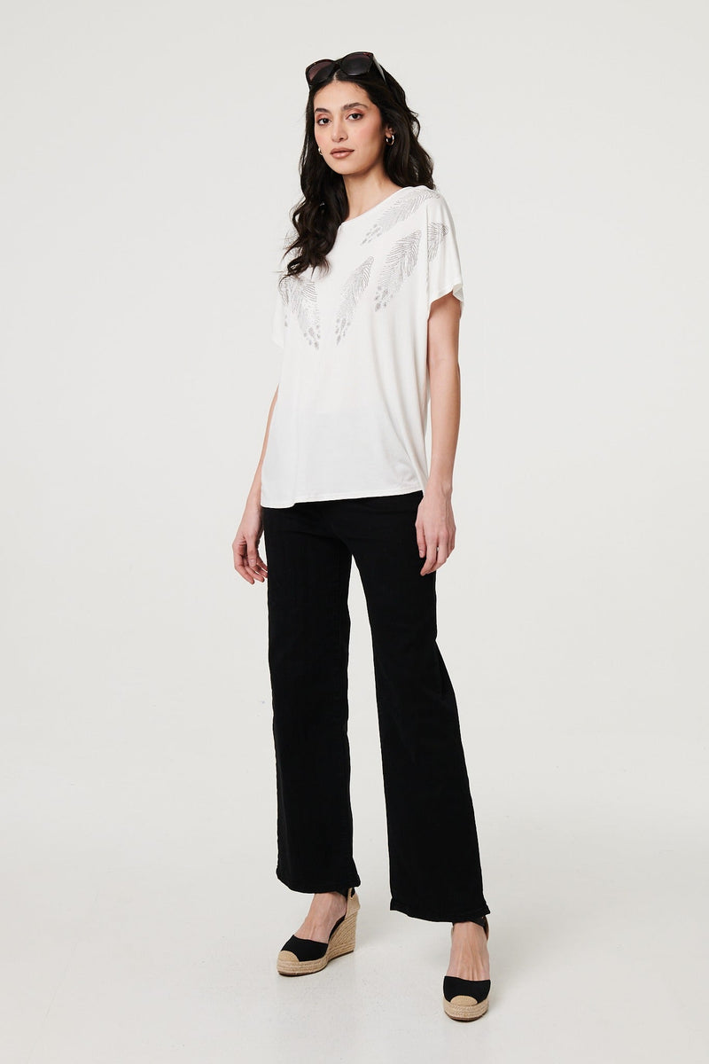 Sparkly Feather Print Relaxed T-Shirt