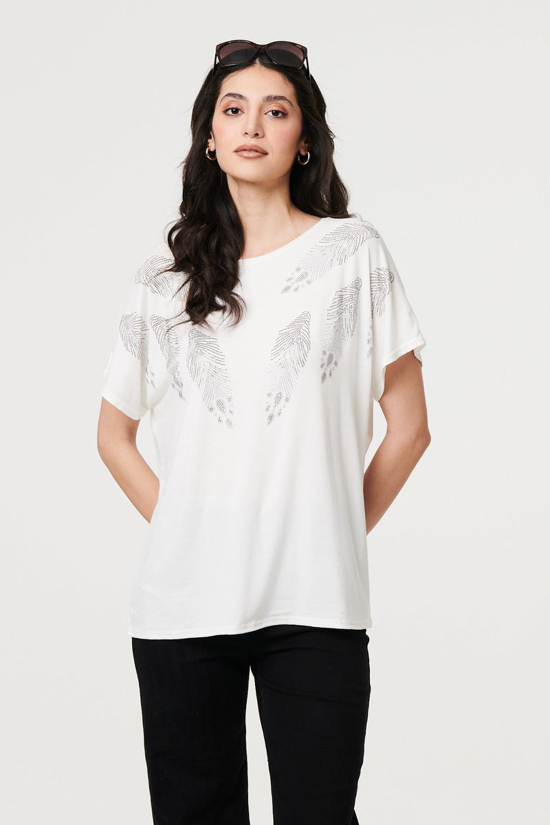 Sparkly Feather Print Relaxed T-Shirt