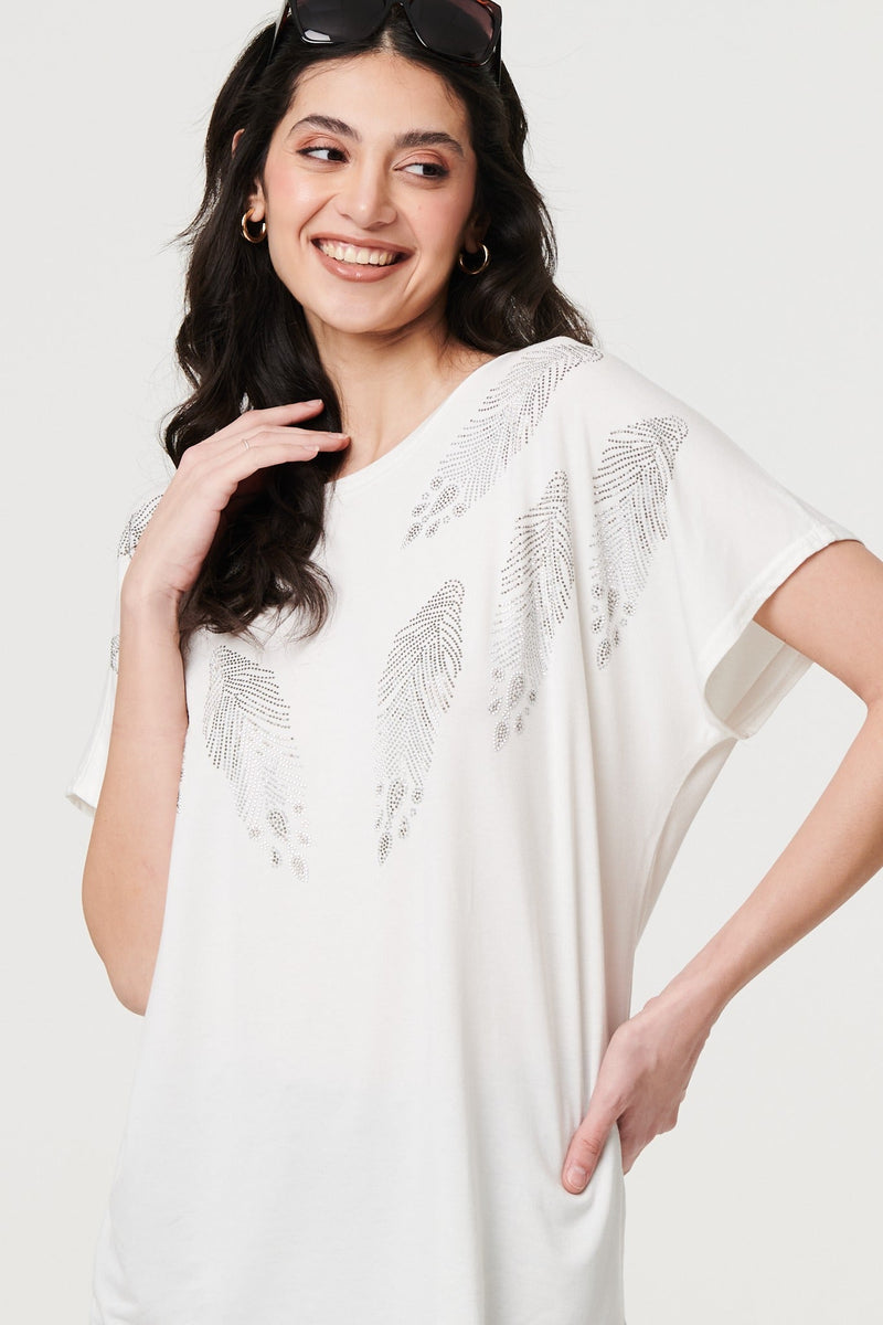 Sparkly Feather Print Relaxed T-Shirt