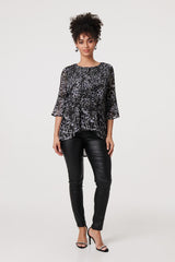 Animal Print Sheer Pleated Blouse