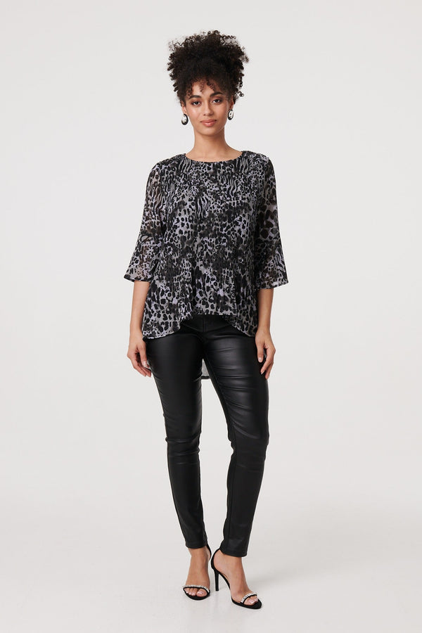Animal Print Sheer Pleated Blouse