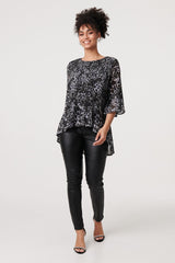 Animal Print Sheer Pleated Blouse