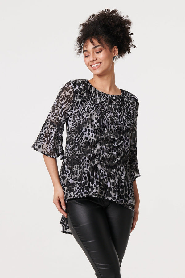 Animal Print Sheer Pleated Blouse