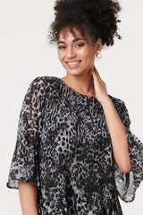 Animal Print Sheer Pleated Blouse