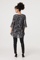 Animal Print Sheer Pleated Blouse
