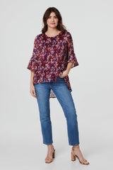 Printed Pleated 3/4 Sleeve Blouse