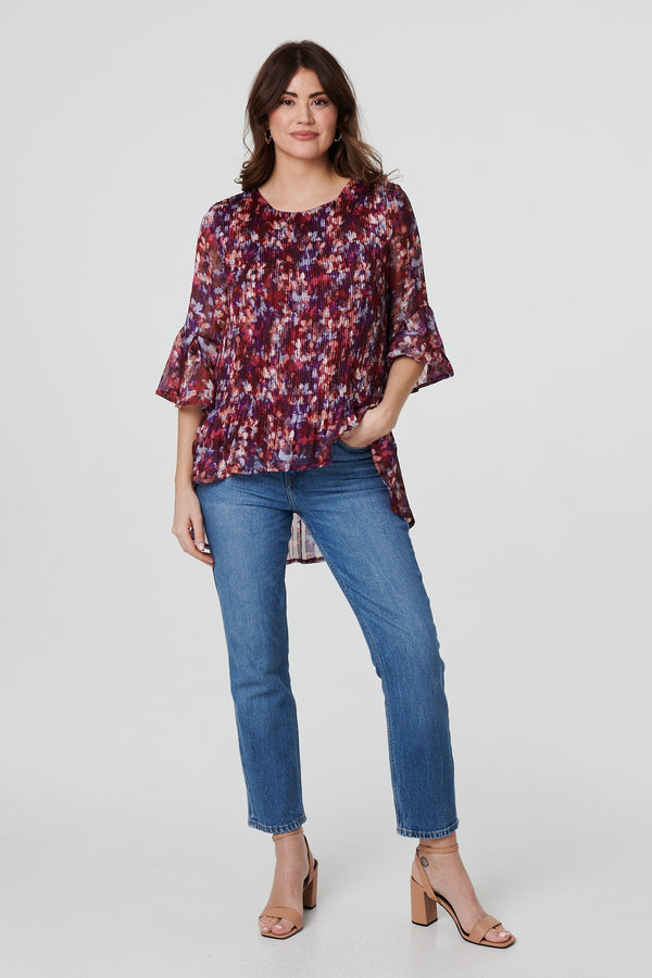 Printed Pleated 3/4 Sleeve Blouse