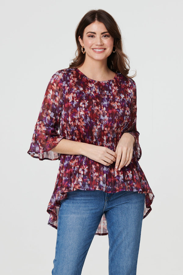 Printed Pleated 3/4 Sleeve Blouse