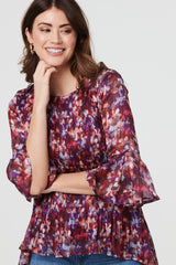 Printed Pleated 3/4 Sleeve Blouse