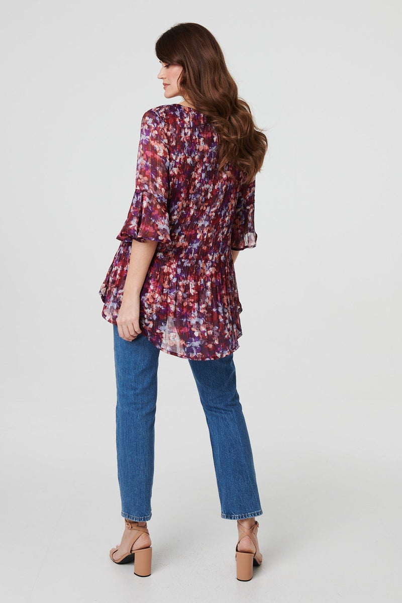 Printed Pleated 3/4 Sleeve Blouse