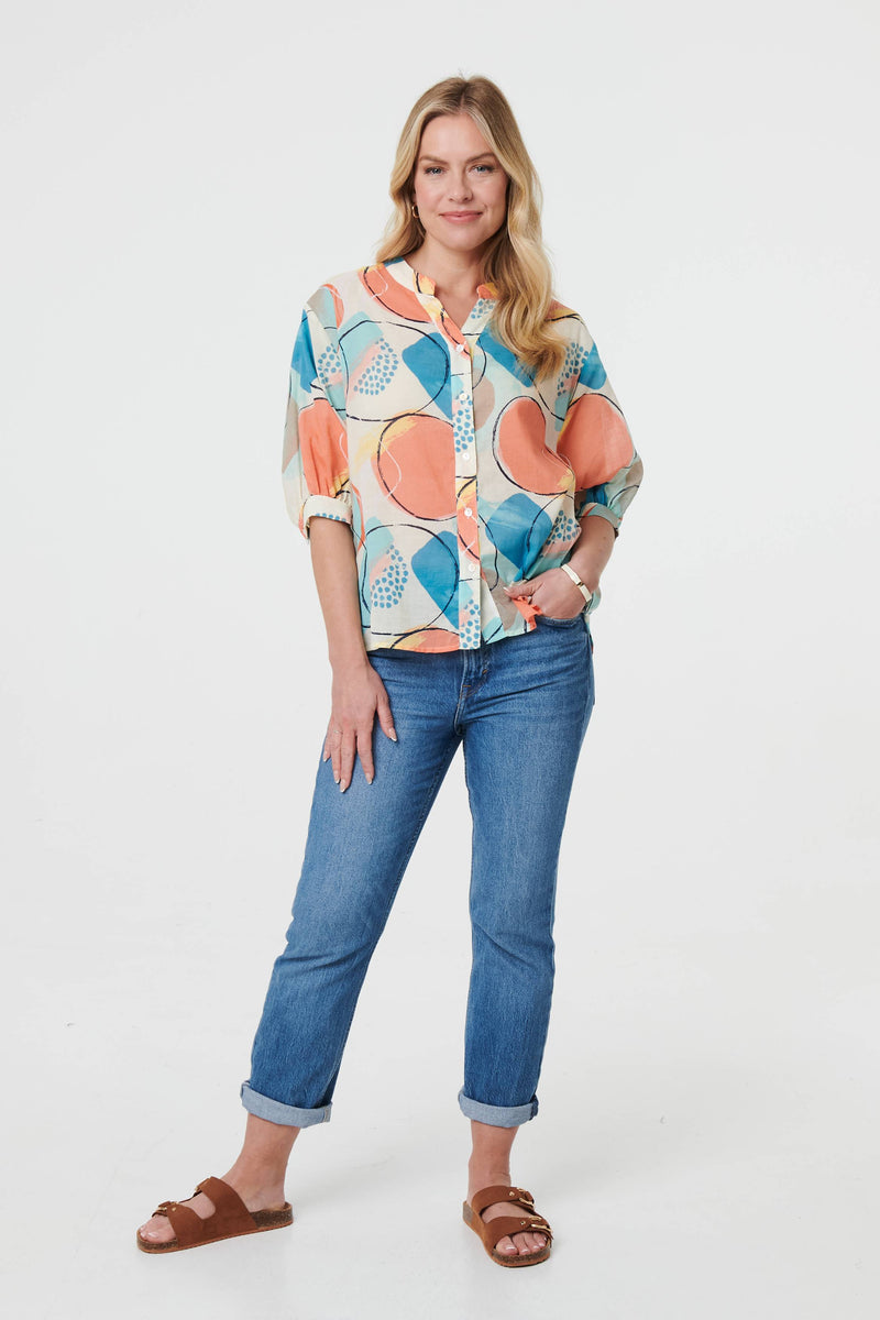 Printed 3/4 Sleeve Button-Back Blouse
